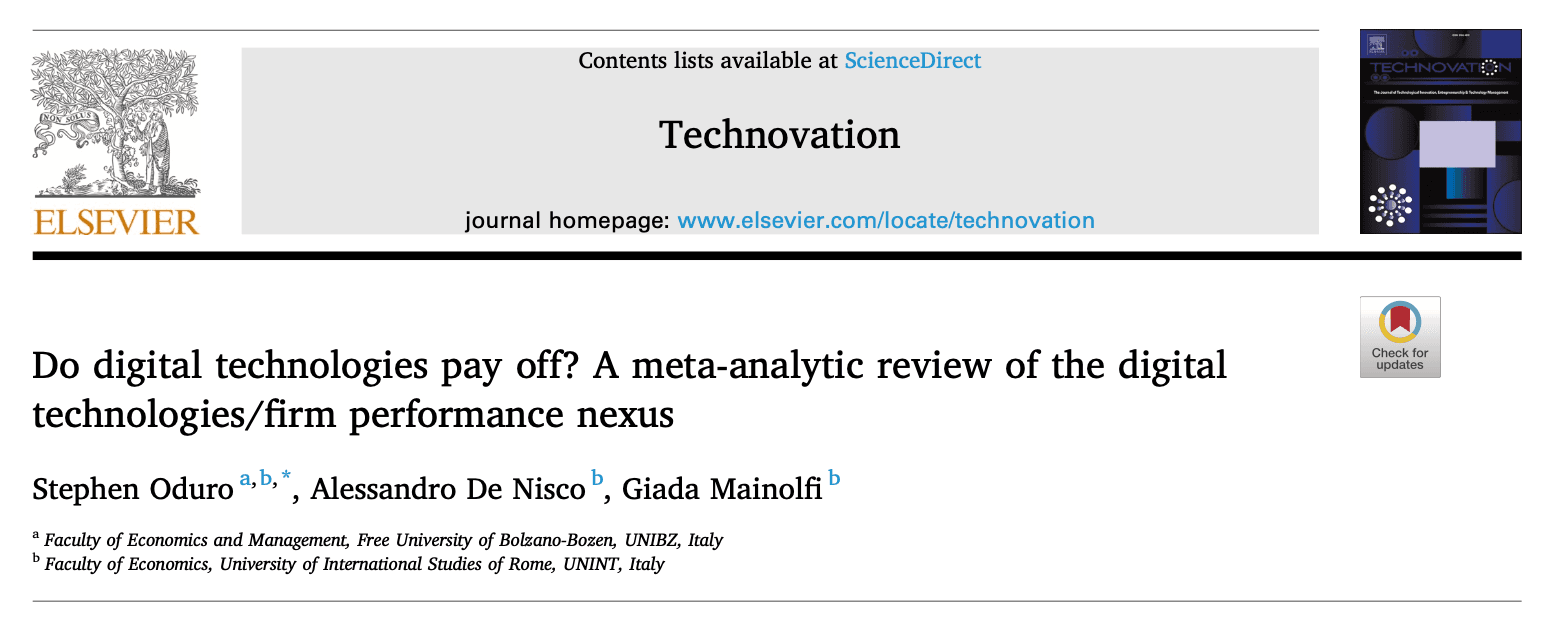 Intestazione dello studio «Do digital technologies pay off? A meta-analytic review», di Oduro, De Nisco e Mainolfi, rivista Technovation (Elsevier)